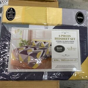New 6pc King Bedsheet Set - 8600 Series Yellow & Grey Geometric Pattern